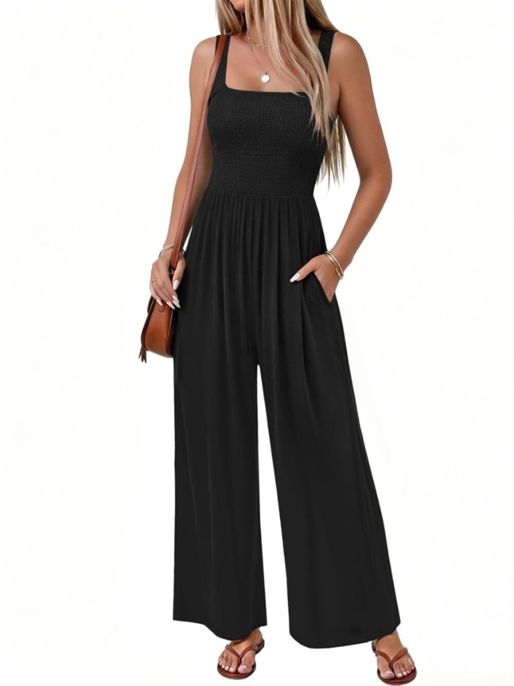 Sleeveless Jumpsuits for women Summer Boho Jumper Smocked Wide Leg Romper